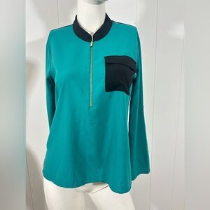 Calvin Klein Top Sz S Half Zip Roll Tab Sleeve Lightweight Tunic Shirt Green